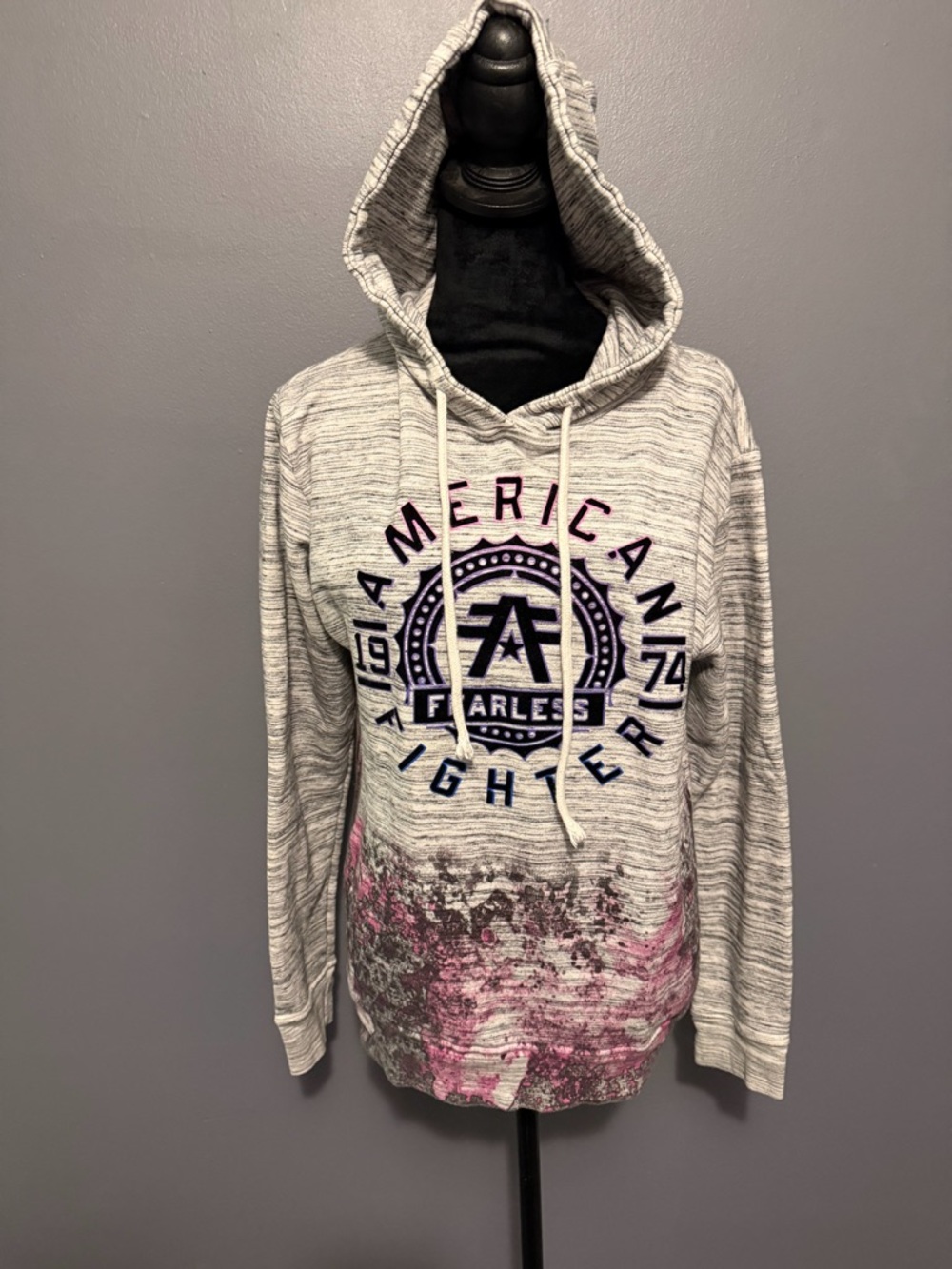 American Fighter Heather Gray Hoodie with Navy Logo and Pink Wash